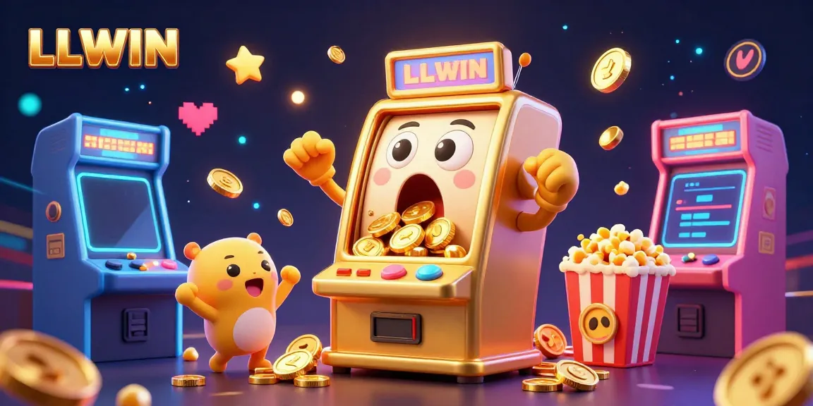 LLWIN slot machine hits jackpot, surrounded by gaming elements and cheering machines.