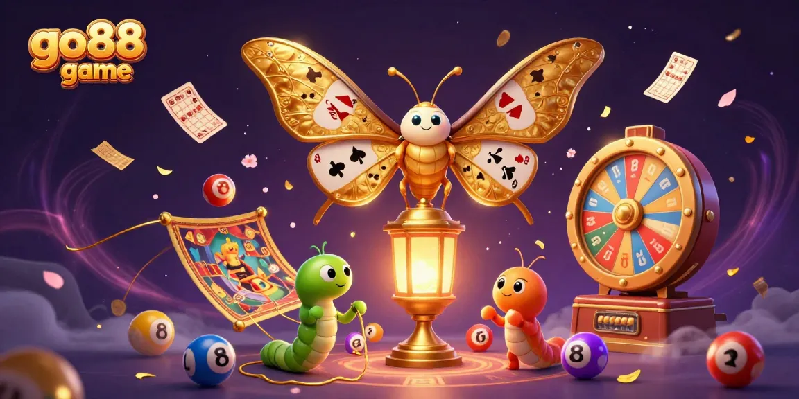 Engage with the thrilling go88 game illustrated by a vibrant 3D scene showcasing an atlas moth and casino elements.
