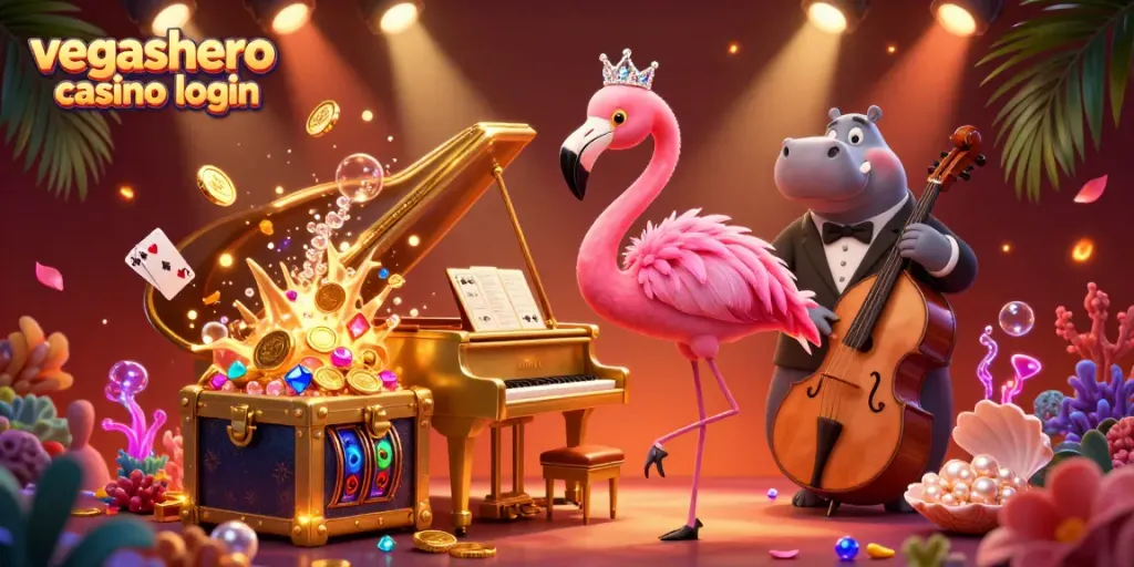 Experience vegashero casino login with vibrant 3D illustration featuring lively casino characters and games.