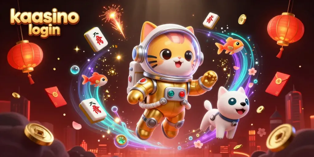 Experience the dynamic kaasino login scene with floating coins and vibrant 3D characters in a lively casino atmosphere.
