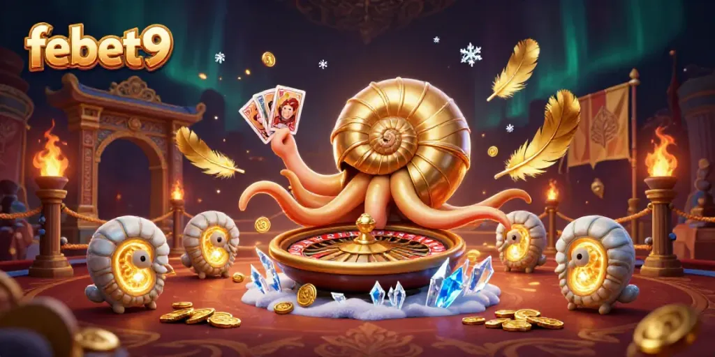Experience thrilling gameplay with febet9's giant nautilus, roulette wheel, and glowing ammonites, immersed in a vibrant casino atmosphere.