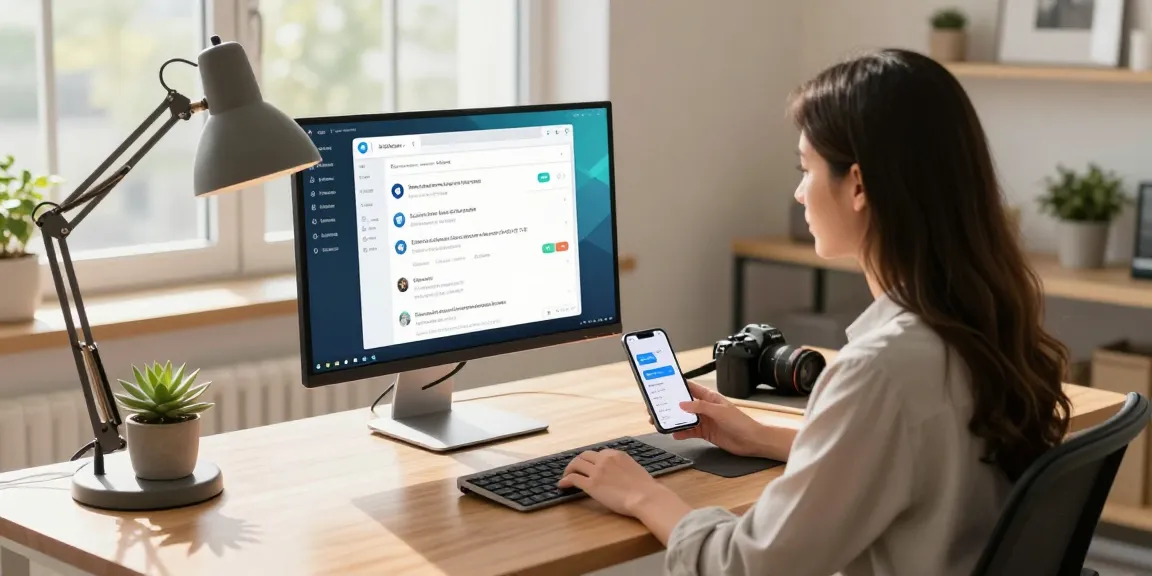 Engaged professional using Telegram Web Version on a monitor in a modern workspace with natural sunlight.