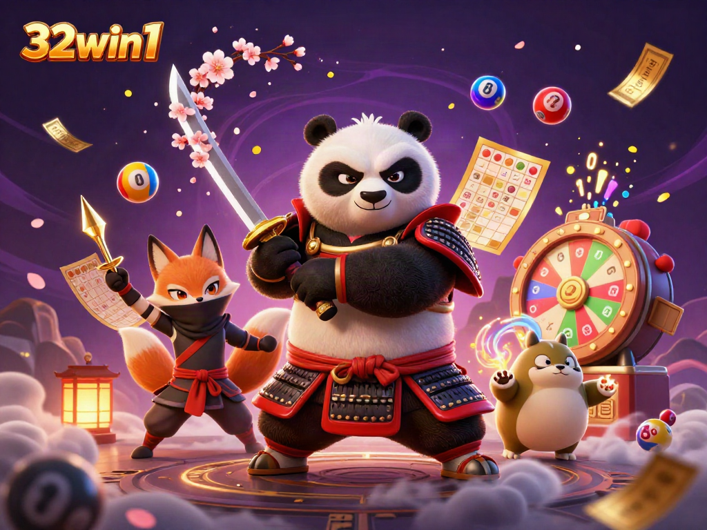 Engaging scene depicting samurai panda and ninja fox with casino elements, highlighting 32win1.