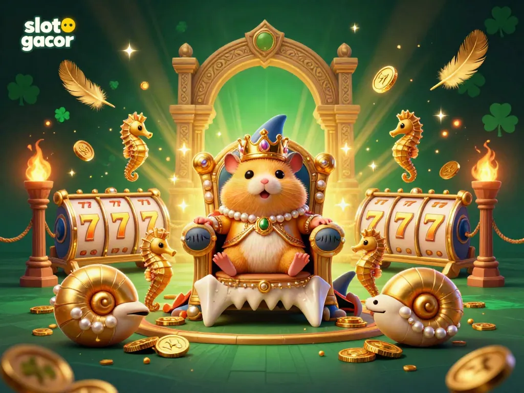 Spin the reels and win with slot gacor, featuring a hamster king and vibrant elements in a magical casino scene.