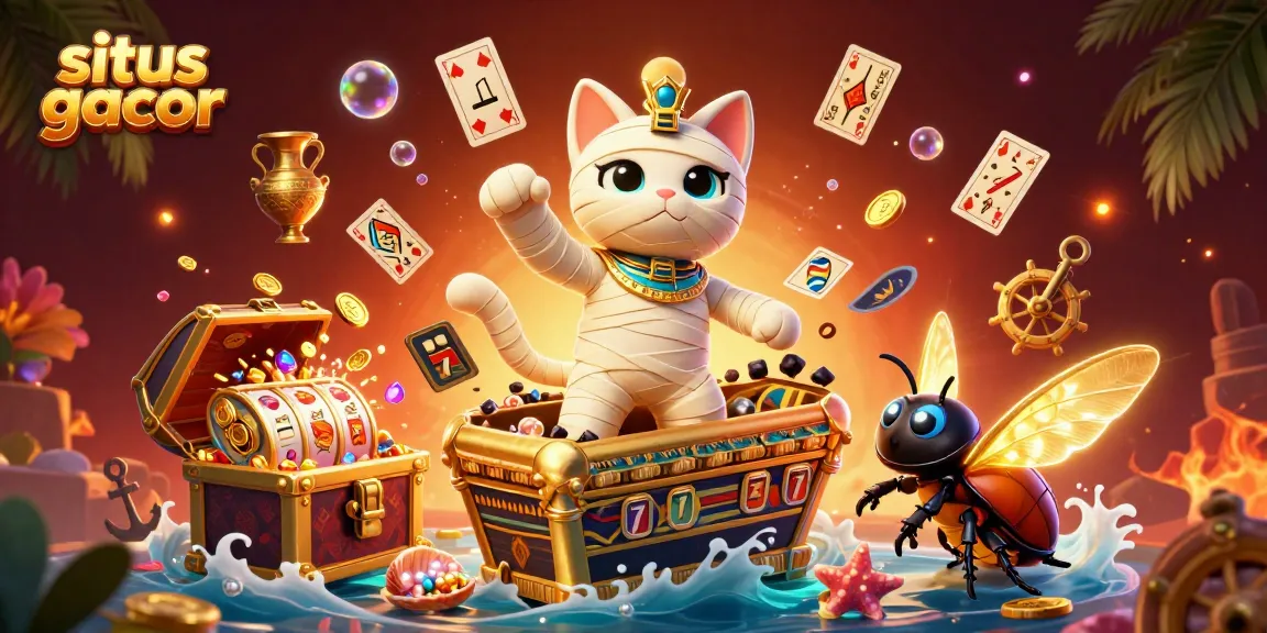 Permainan situs gacor menampilkan kucing mumi pelindung dari sarcophagus dengan elemen slot di kasino.