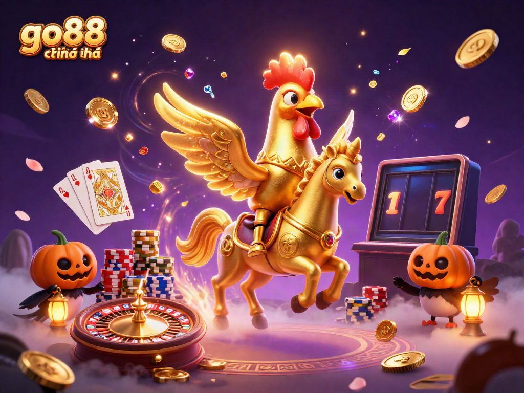 Experience the magic of go88 chính thức with golden rooster and spectral horse in an enchanting casino scene.