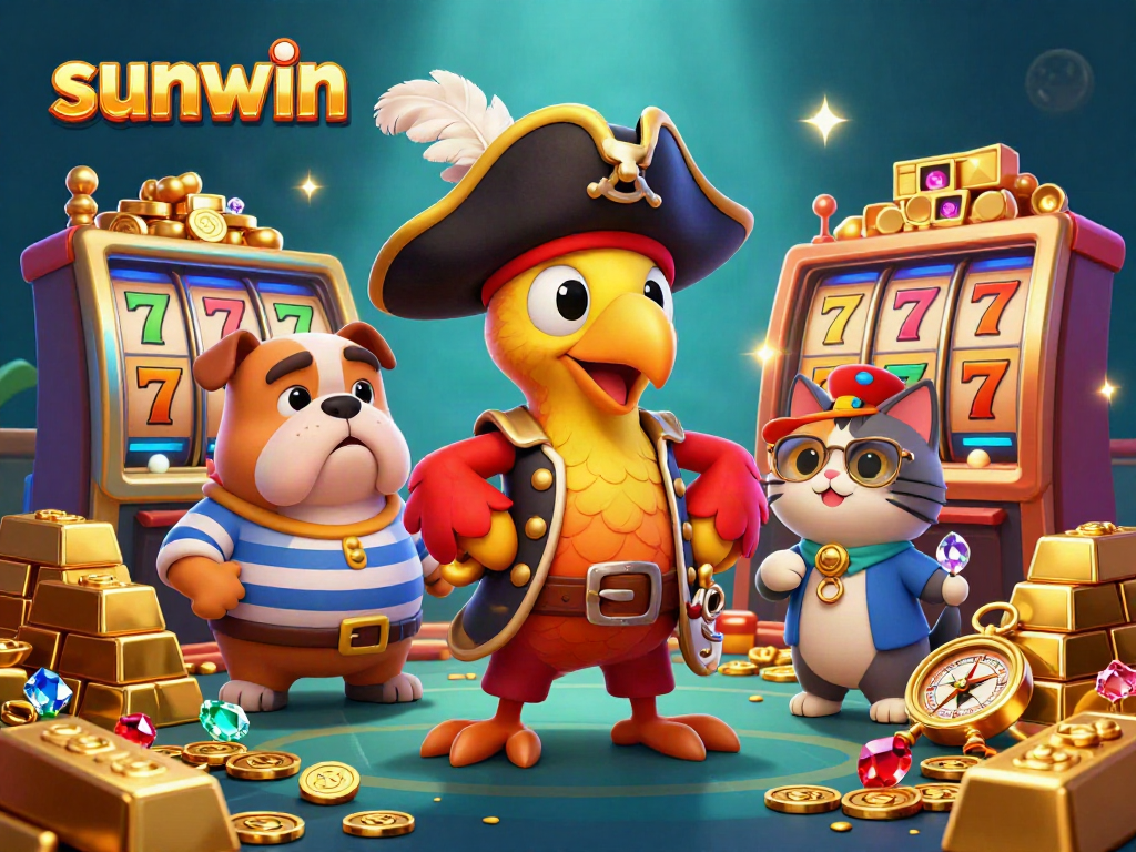 Engage with sunwin's vibrant casino scene featuring themed slot elements and lively characters.