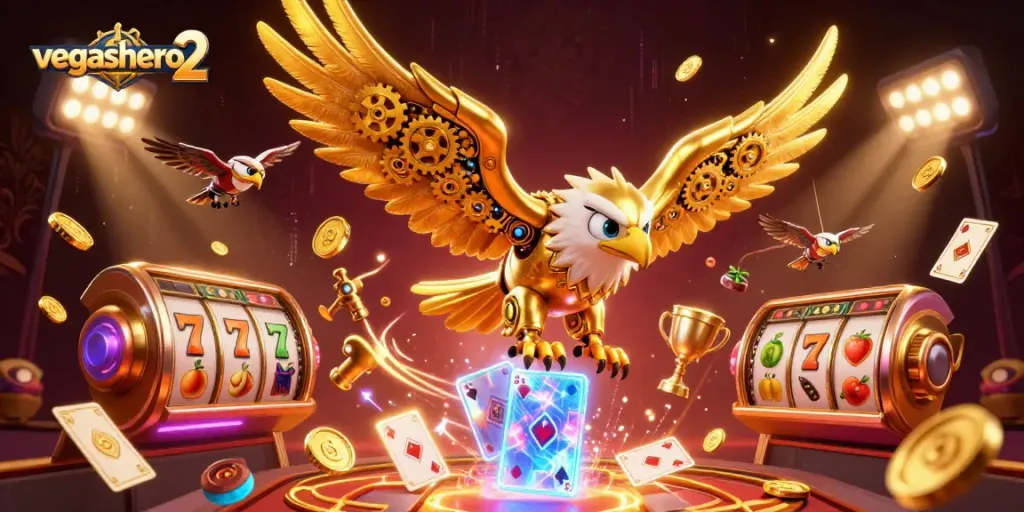 Experience the excitement of vegashero 2 with a dynamic scene showcasing a golden eagle and vibrant casino elements.