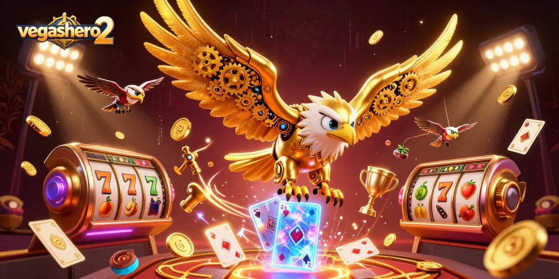 Experience the excitement of vegashero 2 with a dynamic scene showcasing a golden eagle and vibrant casino elements.