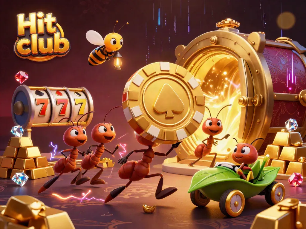 Engaging heist scene with "Hit club" theme featuring cartoon ants and casino elements.