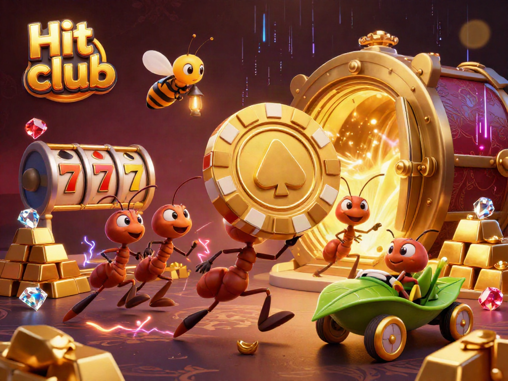 Engaging heist scene with "Hit club" theme featuring cartoon ants and casino elements.