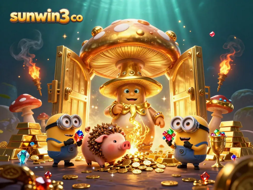 Win big with sunwin3 co's magical casino adventure, showcasing treasure with wizards and gems.