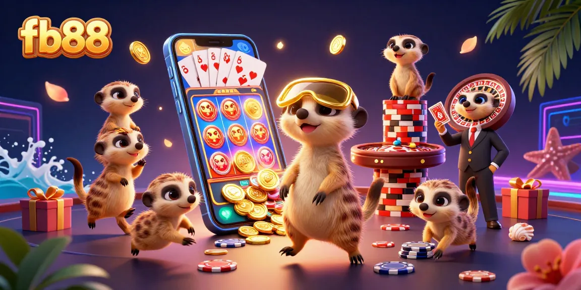Engage in thrilling gameplay at fb88 with meerkats running a dynamic casino scene around vibrant slot games.