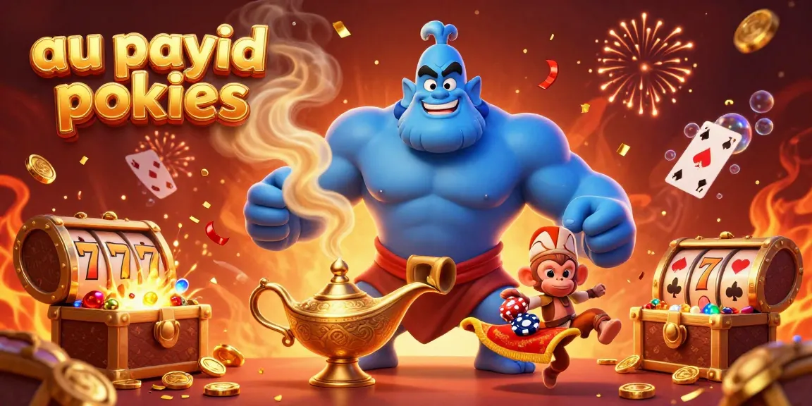 Experience thrilling gameplay with au payid pokies featuring a genie and a flying magic carpet in a vibrant casino scene.