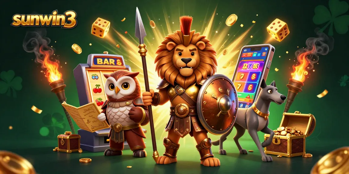 Experience the thrilling dynamics of sunwin3 with a Spartan lion, owl strategist, and greyhound amidst vibrant casino elements.